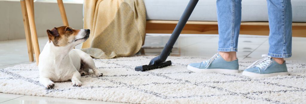 Woman vacuuming rug, while a dog looks up at her
