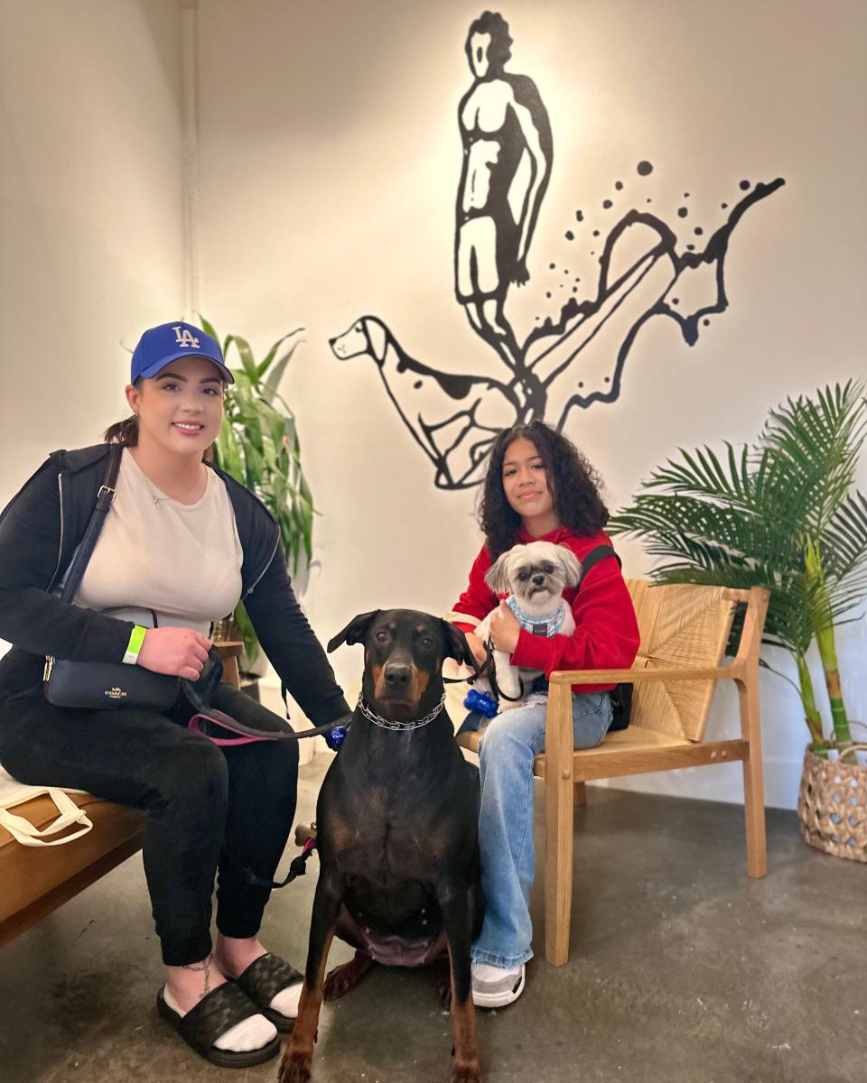Two pet owners sitting in a veterinary waiting room with a Doberman and a Shih Tzu, representing dermatology and skin allergy services in Sherman Oaks