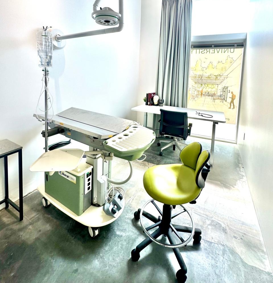 Modern veterinary exam room with a surgical table and medical equipment for internal medicine services in Sherman Oaks